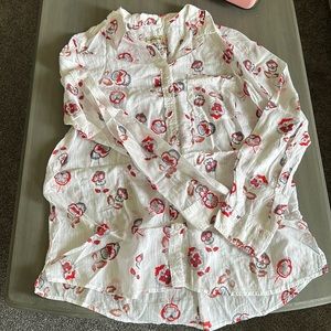 SEE THROUGH blouse. Colors are red, dark & light gray, mauve and white.